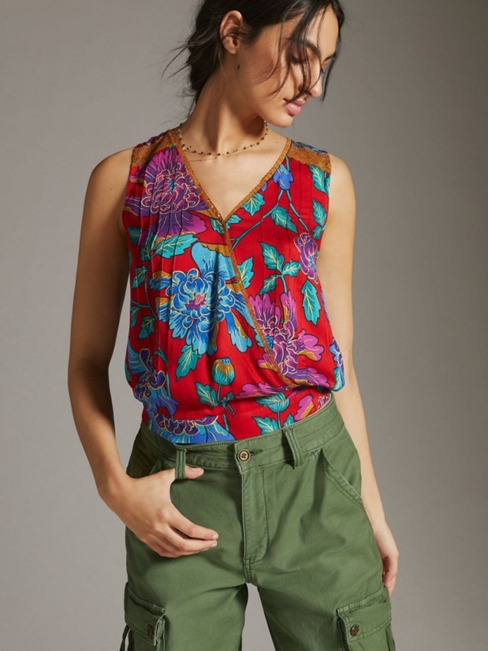 Anthropologie Tiny Rain Scarf Sleeveless Red Floral V-Neck Wrap Top Size Medium
